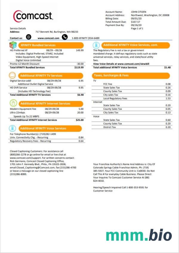 USA Utah Comcast rachunek za media szablon w formacie Word i PDF Wersja 1
